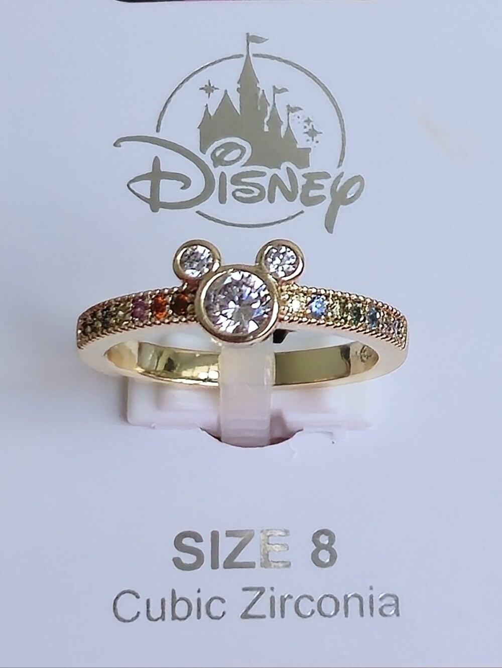 Mickey Mouse Multi-Color Rainbow Pavé Ring - Gold Tone - Size 8